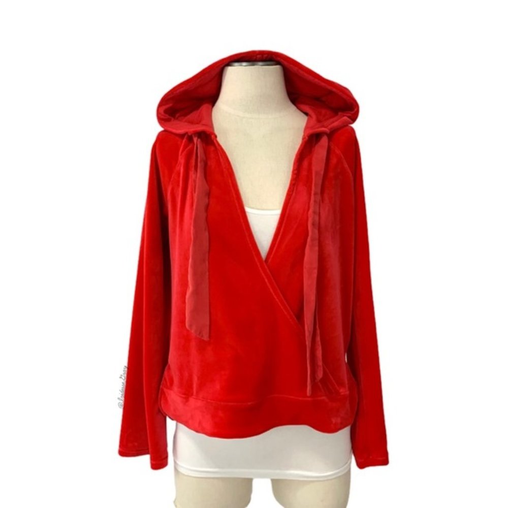 ANTHRO I Red Velour Cross-Over Wrap Front Hoodie Top by Saturday Sunday, S - Picture 2 of 16